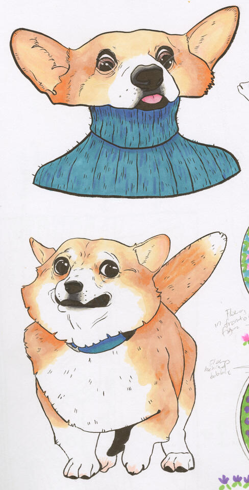 Corgis (2021) 12.7x6.4in Ink and marker on mixed media paper